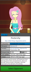 Size: 290x660 | Tagged: safe, artist:horsecat, artist:mymans76, fluttershy, human, equestria girls, g4, alcohol, bar, beer, beer mug, blue dress, breasts, busty fluttershy, butterfly hairpin, character select, clothes, dress, explicit source, eyes closed, eyeshadow, female, game, game screencap, hairpin, humanized, jewelry, kisekae, makeup, necklace, pink hair, solo, spnati, text, yellow skin