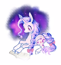 Size: 1564x1649 | Tagged: safe, artist:heartwoozy, oc, oc only, pony, unicorn, book, bow, braid, braided tail, female, horn, lying down, mare, prone, reading, tail, tail bow, unshorn fetlocks