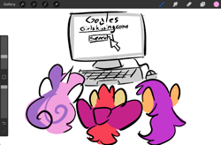 Size: 2048x1344 | Tagged: safe, artist:captainzigo, apple bloom, scootaloo, sweetie belle, earth pony, pegasus, pony, unicorn, g4, computer, cutie mark crusaders, doodle, facing away, google, horn, implied lesbian, simple background, trio, white background