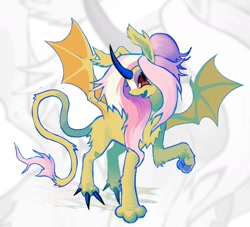 Size: 1517x1379 | Tagged: safe, artist:heartwoozy, oc, oc only, alicorn, hybrid, pony, abstract background, bat ears, bat wings, butt fluff, chest fluff, claws, commission, curved horn, ear fluff, fangs, female, horn, leonine tail, mare, not fluttershy, paws, solo, spread wings, tail, wings