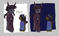 Size: 1125x703 | Tagged: safe, artist:heartwoozy, earth pony, pony, ..., abstract background, clothes, crossover, duo, female, frisk, looking at each other, looking at someone, madotsuki, mare, ponified, speech bubble, sweater, undertale, yume nikki