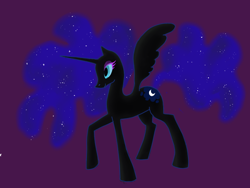 Size: 800x600 | Tagged: safe, artist:moon petals, nightmare moon, oc, oc:nyx, alicorn, pony, fanfic:past sins, alicorn oc, ethereal hair, eyeshadow, fanfic art, horn, makeup, nightmare nyx, purple background, simple background, solo, spread wings, wings, wrong cutie mark