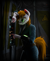 Size: 5000x6095 | Tagged: safe, artist:dark-fic, oc, oc only, oc:littlepip, unicorn, anthro, fallout equestria, 3d, blender, blender cycles, brown hair, brown mane, brown tail, clothes, female, green eyes, horn, jumpsuit, pipbuck, solo, stable (vault), tail, vault suit, wires