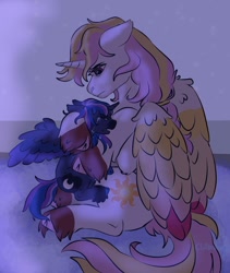 Size: 1600x1900 | Tagged: safe, artist:cluterdrop, princess celestia, princess luna, alicorn, pony, g4, cloven hooves, comforting, crying, duo, duo female, eyes closed, female, filly, foal, hug, mare, royal sisters, siblings, sisters, unshorn fetlocks, woona, younger