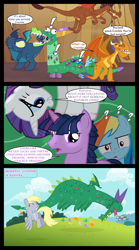 Size: 1280x2300 | Tagged: safe, artist:bigsnusnu, barry, billy, crackle, derpy hooves, rainbow dash, rarity, twilight sparkle, butterfly, dragon, pegasus, pony, unicorn, comic:dusk shine in pursuit of happiness, g4, ^^, crackle costume, dialogue, disguise, dragon costume, dusk shine, exclamation point, eyes closed, female, horn, male, mare, question mark, rule 63, speech bubble, stallion