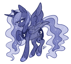 Size: 1280x1141 | Tagged: safe, artist:peaceouttopizza23, princess luna, alicorn, pony, g4, deviantart watermark, female, looking at you, mare, obtrusive watermark, one wing out, raised hoof, simple background, solo, watermark, white background, wings
