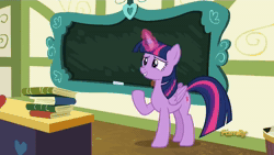 Size: 1280x720 | Tagged: safe, screencap, cheerilee, twilight sparkle, alicorn, earth pony, pony, a flurry of emotions, g4, animated, book, chalk, chalkboard, discovery family, discovery family logo, earth pony problems, female, logo, mare, mouth hold, ponyville schoolhouse, sound, twilight sparkle (alicorn), webm