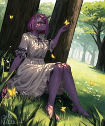 Size: 5000x6000 | Tagged: safe, artist:pikinas13, oc, oc only, oc:rendy dask, butterfly, unicorn, anthro, plantigrade anthro, barefoot, clothes, dress, ear fluff, eyes on the prize, feet, female, forest, grass, horn, multiple variants, nature, outdoors, smiling, solo, sun, tree