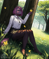 Size: 5000x6000 | Tagged: safe, alternate version, artist:pikinas13, oc, oc only, oc:rendy dask, butterfly, unicorn, anthro, clothes, feet, female, forest, grass, horn, lanyard, multiple variants, nature, pantyhose, shirt, skirt, solo, sun, tights, tree