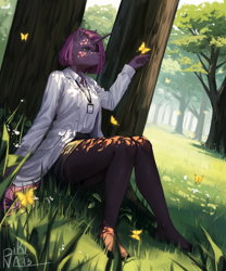 Size: 5000x6000 | Tagged: safe, artist:p i k i n a s 13, part of a set, oc, oc only, oc:rendy dask, butterfly, unicorn, anthro, clothes, feet, forest, grass, horn, lab coat, nature, pantyhose, shirt, skirt, sun, tights, tree