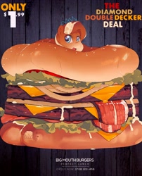 Size: 1802x2234 | Tagged: safe, artist:emma noorman, diamond tiara, food pony, pony, g4, abstract background, advertisement, bacon, blue eyes, burger, cheese, chubby diamond, fat, food, food transformation, hamburger, heart, heart eyes, horse meat, jewelry, looking at someone, mayonnaise, meat, onion, ponified, salad, sauce, solo, tiara, tomato, wingding eyes