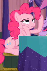 Size: 262x394 | Tagged: safe, screencap, pinkie pie, twilight sparkle, alicorn, earth pony, pony, a trivial pursuit, g4, animated, annoyed, eyebrows, female, gif, hoof on cheek, mare, offscreen character, pinkie pie is not amused, raised eyebrow, sitting, solo focus, trivia trot, twilight sparkle (alicorn), unamused, when she doesn't smile