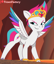 Size: 3000x3552 | Tagged: safe, artist:frownfactory, zipp storm, pegasus, pony, g5, lavarynth, my little pony: tell your tale, spoiler:g5, spoiler:my little pony: tell your tale, spoiler:tyts01e62, bracelet, concave belly, confident, crouching, crown, eyebrows, female, fit, furrowed brow, jewelry, lava, lidded eyes, mare, regalia, slender, smiling, smirk, solo, spread wings, standing, thin, vector, volcano, wings