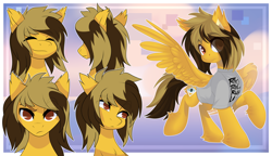 Size: 4000x2300 | Tagged: safe, artist:xvostik, pegasus, pony, alex gaskarth, all time low, clothes, commission, dyed mane, dyed tail, ear fluff, eye clipping through hair, eyebrows, eyebrows visible through hair, eyes closed, facial expressions, frown, happy, hoof fluff, looking at you, male, ponified, raised eyebrow, raised hoof, raised leg, shirt, skeptical, smiling, solo, spread wings, stallion, standing, t-shirt, tail, wings, ych result