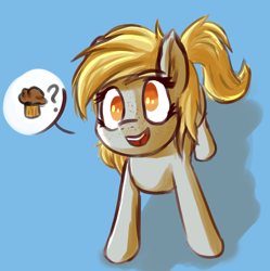 Size: 5366x5381 | Tagged: safe, artist:simplesaemple, derpy hooves, pegasus, pony, g4, absurd resolution, bronybait, cute, digital art, female, food, freckles, looking at you, mare, muffin, request, simple background, solo, speech bubble, that pony sure does love muffins
