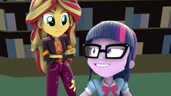 Size: 1920x1080 | Tagged: safe, artist:ontheedgeht, sci-twi, sunset shimmer, twilight sparkle, equestria girls, g4, my little pony equestria girls: better together, 3d, canterlot high, duo