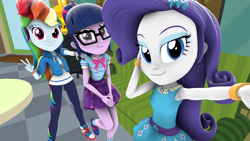 Size: 1920x1080 | Tagged: safe, artist:ontheedgeht, rainbow dash, rarity, sci-twi, twilight sparkle, equestria girls, g4, my little pony equestria girls: better together, 3d, arms, blouse, bowtie, breasts, bust, clothes, couch, female, glasses, hairpin, hand, hand on shoulder, happy, holding, hoodie, leggings, legs, long hair, peace sign, ponytail, puffy sleeves, raised leg, rarity peplum dress, selfie, shirt, shoes, skirt, sleeveless, smiling, table, teenager, trio, wristband