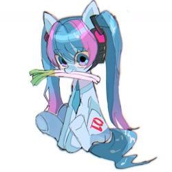 Size: 1331x1331 | Tagged: safe, artist:m09160, kotobukiya, earth pony, pony, robot, anime, clothes, eye clipping through hair, eyebrows, eyebrows visible through hair, female, hatsune miku, kotobukiya hatsune miku pony, leek, looking at you, mare, mouth hold, necktie, ponified, sitting, solo, vocaloid
