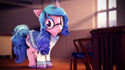 Size: 3840x2160 | Tagged: safe, artist:psfmer, izzy moonbow, pony, unicorn, g5, 3d, :p, chair, chalkboard, clothes, crepuscular rays, cute, desk, female, glasses, high res, horn, izzybetes, looking at you, mare, meganekko, sailor uniform, school, school uniform, skirt, solo, source filmmaker, tongue out, uniform, unshorn fetlocks, window