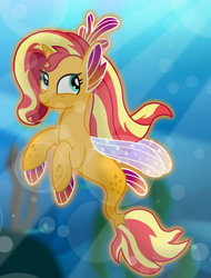 Size: 5730x7536 | Tagged: safe, artist:emeraldblast63, sunset shimmer, seapony (g4), unicorn, g4, g5, my little pony: tell your tale, the blockywockys, spoiler:g5, spoiler:my little pony: tell your tale, spoiler:tyts02e00, bubble, crepuscular rays, cute, digital art, dorsal fin, ear fins, female, fin, fin wings, fins, fish tail, floppy ears, flowing mane, flowing tail, glowing, green eyes, horn, leg fins, looking back, mare, ocean, scales, sea pony (g5), seaponified, seapony sunset, seaweed, smiling, solo, sparkles, species swap, sunlight, swimming, tail, tail fin, underwater, water, wings