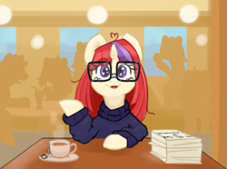 Size: 989x735 | Tagged: safe, artist:kumakum, moondancer, pony, unicorn, g4, clothes, cup, cute, dancerbetes, date, digital art, female, food, glasses, horn, looking at you, mare, solo, sweater, tea, turtleneck