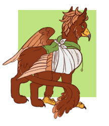 Size: 1336x1543 | Tagged: safe, artist:cactiflowers, oc, oc:pavlos, griffon, bandage, beak, broken bone, broken wing, cast, cheek fluff, claws, clothes, colored wings, commission, eared griffon, green background, griffon oc, injured, male, non-pony oc, simple background, sling, smiling, solo, tail, wings