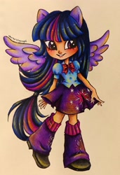 Size: 2244x3276 | Tagged: safe, artist:dariarchangel, twilight sparkle, human, equestria girls, g4, bow, clothes, female, humanized, leg warmers, simple background, skirt, smiling, solo, traditional art, winged humanization, wings