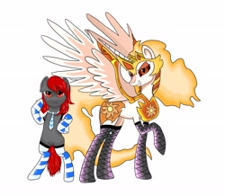 Size: 3070x2680 | Tagged: safe, artist:daybreaker_the_empress, daybreaker, oc, unnamed oc, alicorn, earth pony, pony, g4, bipedal, clothes, duo, duo female, ear piercing, earring, earth pony oc, evil smile, eyebrows, eyebrows visible through hair, female, frown, grin, high res, jewelry, looking at you, mare, piercing, raised hoof, simple background, smiling, smiling at you, socks, spread wings, stockings, striped socks, thigh highs, thin, white background, wings