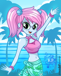 Size: 2015x2490 | Tagged: safe, artist:rjp.rammy, oc, oc only, oc:stardust, human, equestria girls, g4, abs, armpits, beach, belly button, blue skin, bracelet, breasts, clothes, cute, female, girly, glasses, green eyes, hair accessory, happy, jewelry, looking at you, ocean, open mouth, open smile, palm tree, pigtails, pink hair, raised arm, reasonably sized breasts, sarong, slender, smiling, smiling at you, solo, teenager, thin, tree, tropical, water