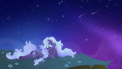 Size: 5760x3240 | Tagged: safe, artist:kabuvee, oc, oc only, earth pony, pony, female, grass, lying down, mare, night, peaceful, prone, shooting star, solo, stargazing, stars, tail, teal eyes, white mane, white tail