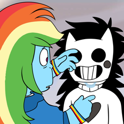 Size: 500x500 | Tagged: safe, artist:queam, edit, rainbow dash, human, equestria girls, g4, crossover, duo, gray background, mask, off (game), simple background, zacharie