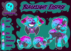 Size: 1118x806 | Tagged: safe, artist:nekro-led, oc, oc only, oc:blacklight ecstasy, pegasus, alcohol, clothes, colorful, drink, drugs, dyed mane, dyed tail, glowstick, hoodie, lsd, neon, paint, rave, reference sheet, tail