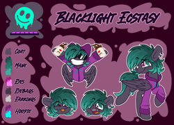 Size: 6375x4602 | Tagged: safe, artist:nekro-led, oc, oc only, oc:blacklight ecstasy, pegasus, clothes, coffee, hoodie, mug, piercing, reference sheet, sober