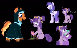 Size: 1286x804 | Tagged: safe, artist:partyponypower, bumblesweet, firelight, starlight glimmer, oc, earth pony, pegasus, pony, unicorn, g4, alternate hairstyle, alternate universe, black background, female, filly, filly starlight glimmer, flower, horn, nun, pegasus oc, simple background, younger