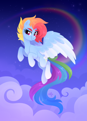 Size: 2500x3500 | Tagged: safe, artist:kabuvee, rainbow dash, pegasus, pony, g4, alternate cutie mark, alternate design, alternate hair color, alternate hairstyle, closed mouth, cloud, colored wings, colored wingtips, dreamworks face, female, flight trail, flying, freckledash, freckles, gradient legs, long tail, looking at you, mare, night, night sky, rainbow trail, sky, smiling, solo, speed trail, stars, tail, two toned wings, wings