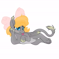 Size: 6890x6890 | Tagged: safe, artist:riofluttershy, oc, oc only, oc:ivy, sphinx, blue eyes, bow, ginger hair, hair bow, licking, pale belly, simple background, solo, sphinx oc, tongue out, white background