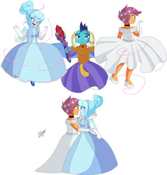 Size: 1280x1343 | Tagged: safe, artist:denisseguadiana, princess ember, scootaloo, oc, oc:jemimasparkle, dragon, human, equestria girls, g4, alternate hairstyle, canon x oc, cinderella, clothes, dress, female, glass slipper (footwear), gown, lesbian, looking at each other, looking at someone, magic, open mouth, open smile, poofy shoulders, simple background, smiling, smiling at each other, trio, white background