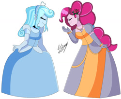 Size: 1280x1042 | Tagged: safe, artist:denisseguadiana, pinkie pie, oc, oc:jemimasparkle, human, equestria girls, g4, canon x oc, cinderella, clothes, curtsey, dress, duo, ear piercing, earring, evening gloves, eyes closed, female, flower, flower in hair, gloves, gown, jetlag productions, jewelry, lesbian, long gloves, necklace, piercing, simple background, smiling, white background