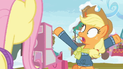 Size: 1920x1080 | Tagged: safe, edit, edited screencap, editor:666, screencap, sound edit, applejack, fluttershy, holly the hearths warmer doll, earth pony, pegasus, g4, my little pony best gift ever, animated, clothes, female, i love being an expensive toy, meme, snow, sound, sweater, webm, winter outfit