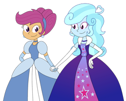 Size: 1024x819 | Tagged: safe, artist:rarity525, scootaloo, oc, oc:jemimasparkle, human, equestria girls, g4, alternate hairstyle, canon x oc, cinderella, clothes, dress, duo, evening gloves, eyeshadow, female, gloves, gown, hair bun, hairband, holding hands, lesbian, long gloves, looking at each other, looking at someone, makeup, poofy shoulders, simple background, smiling, smiling at each other, transparent background