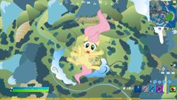 Size: 640x361 | Tagged: safe, edit, edited screencap, screencap, fluttershy, pegasus, pony, g4, season 1, the cutie mark chronicles, cloud, cute, falling, female, filly, filly fluttershy, flailing, fortnite, funny, hud, overhead view, shyabetes, solo, younger