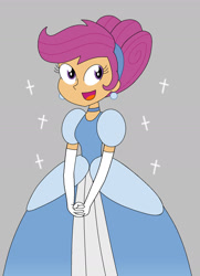Size: 1024x1417 | Tagged: safe, artist:rarity525, scootaloo, human, equestria girls, g4, alternate hairstyle, cinderella, clothes, cute, cutealoo, dress, evening gloves, female, gloves, gown, hair bun, hairband, hands together, long gloves, open mouth, open smile, poofy shoulders, smiling, solo, sparkles