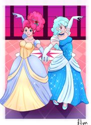 Size: 2598x3583 | Tagged: safe, artist:film77asq, pinkie pie, oc, oc:jemimasparkle, human, equestria girls, g4, alternate hairstyle, ballroom, breasts, busty pinkie pie, canon x oc, cinderella, clothes, dress, duo, ear piercing, earring, evening gloves, female, flower, flower in hair, gloves, gown, grin, holding hands, jetlag productions, jewelry, lesbian, long gloves, necklace, pearl necklace, piercing, poofy shoulders, smiling