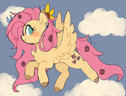Size: 1995x1526 | Tagged: safe, artist:sakukitty, fluttershy, pegasus, pony, g4, blushing, chest fluff, cloud, ear piercing, earring, female, flower, flower in hair, flying, jewelry, looking at you, mare, no pupils, outdoors, piercing, profile, side view, sky, smiling, smiling at you, solo, spread wings, sunflower, wings