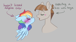 Size: 1565x872 | Tagged: safe, artist:glowfangs, mudbriar, rainbow dash, earth pony, pegasus, pony, g4, blushing, crack shipping, female, gray background, imminent kissing, male, reality ensues, ship:dashbriar, shipping, simple background, straight