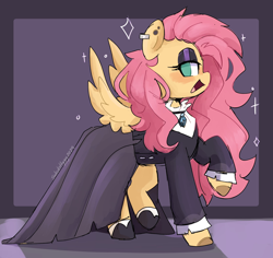 Size: 2902x2740 | Tagged: safe, artist:sakukitty, fluttershy, pegasus, pony, g4, blushing, clothes, dress, ear piercing, earring, eyeliner, eyeshadow, female, fluttergoth, goth, high res, jewelry, lidded eyes, looking at you, makeup, mare, necklace, no pupils, open mouth, open smile, piercing, profile, raised hoof, side view, signature, smiling, smiling at you, solo, sparkles, spread wings, wings