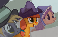Size: 2515x1622 | Tagged: safe, artist:mandumustbasukanemen, bonnie rose, derpy hooves, jade spade, pony, g4, bonnet, cheering, clothes, cowboy hat, face paint, female, hat, mare, outdoors, trio