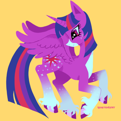 Size: 2000x2000 | Tagged: safe, artist:redactedhaunt, twilight sparkle, alicorn, pony, g4, concave belly, gradient legs, lineless, simple background, slender, solo, thin, twilight sparkle (alicorn), unshorn fetlocks, yellow background