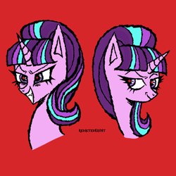Size: 2000x2000 | Tagged: safe, artist:redactedhaunt, starlight glimmer, pony, unicorn, g4, bangs, bust, evil smile, evil smirk, fangs, female, grin, high res, horn, mare, red background, s5 starlight, simple background, smiling, smirk, solo