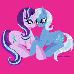 Size: 2000x2000 | Tagged: safe, artist:redactedhaunt, starlight glimmer, trixie, pony, unicorn, g4, duo, female, high res, horn, lesbian, purple background, ship:startrix, shipping, simple background